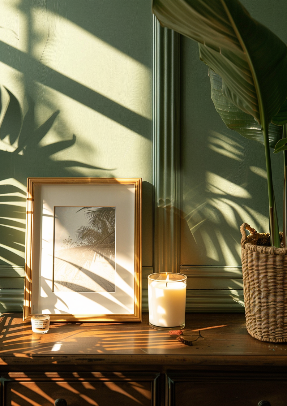 A Big Frame Empty with Candle on Dresser