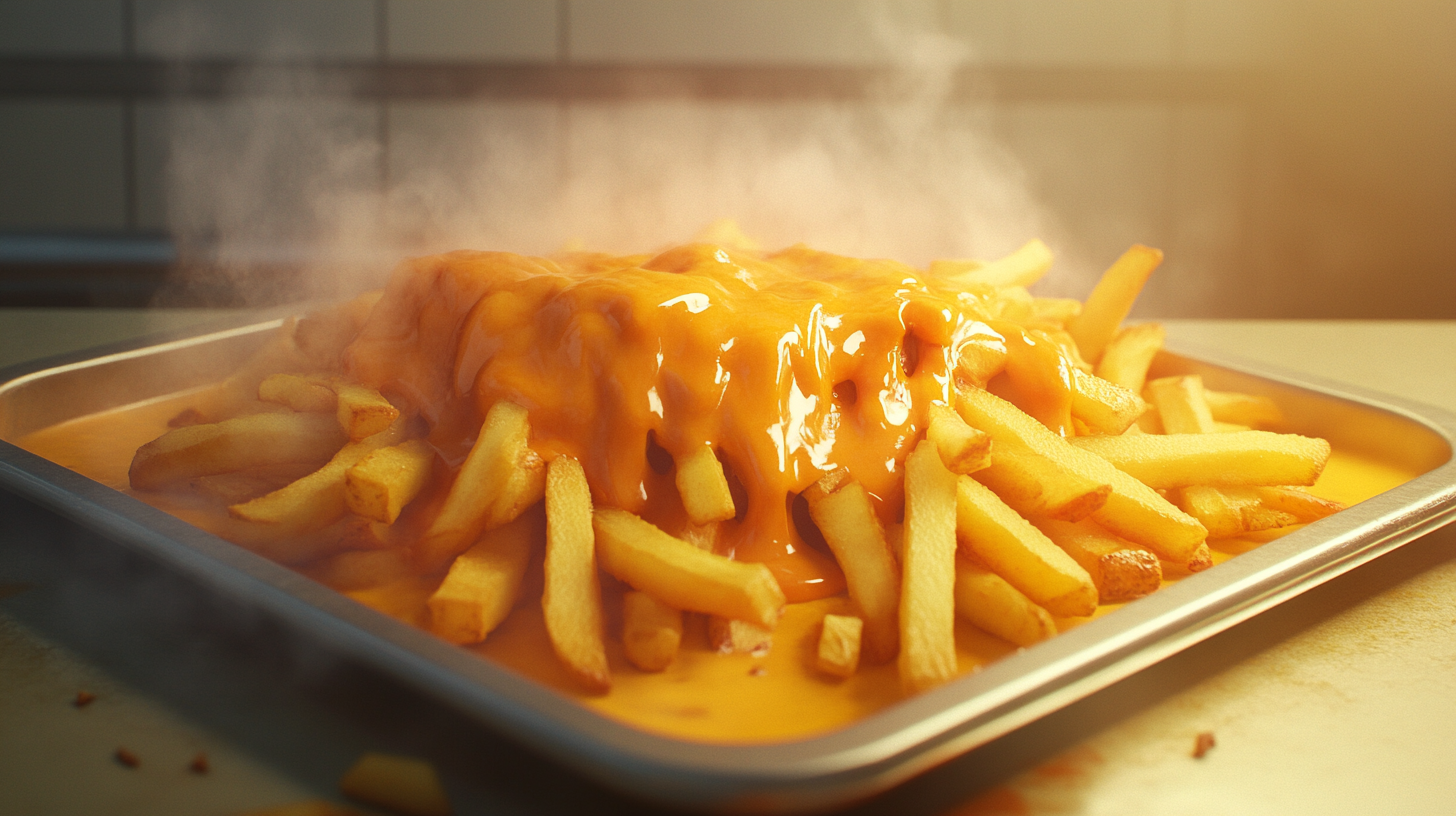 A Big Pile of French Fries with Cheddar Sauce.