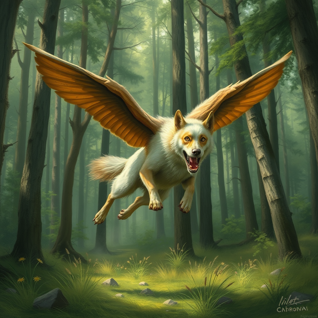 A Big Scary Flying Dog in Forest