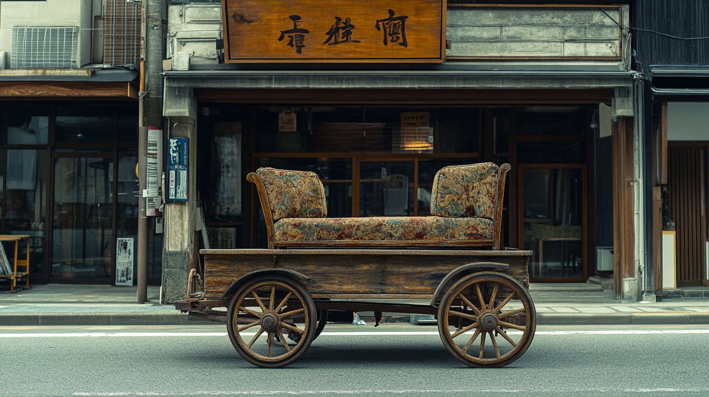 A Big Wooden Cart with Chair Outside Store