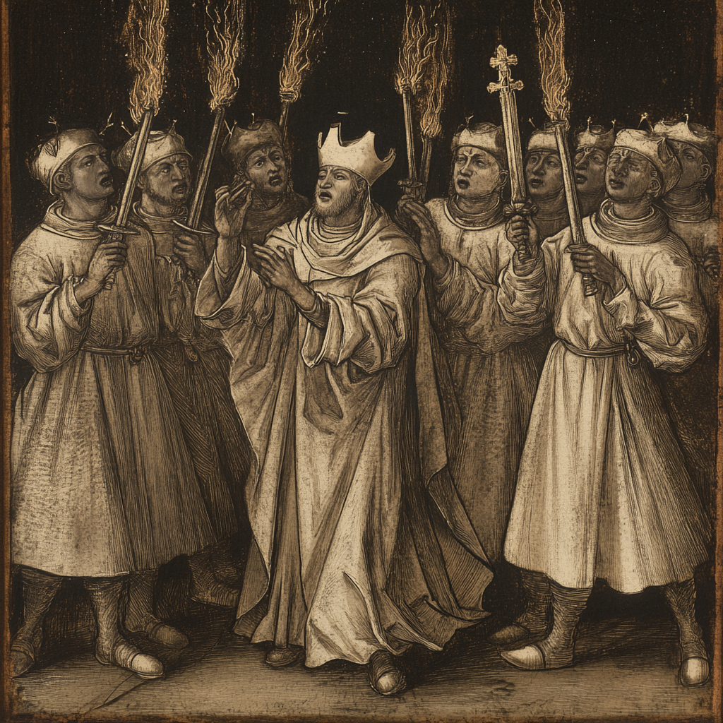 A Bishop with Templars and Youths in Robes.