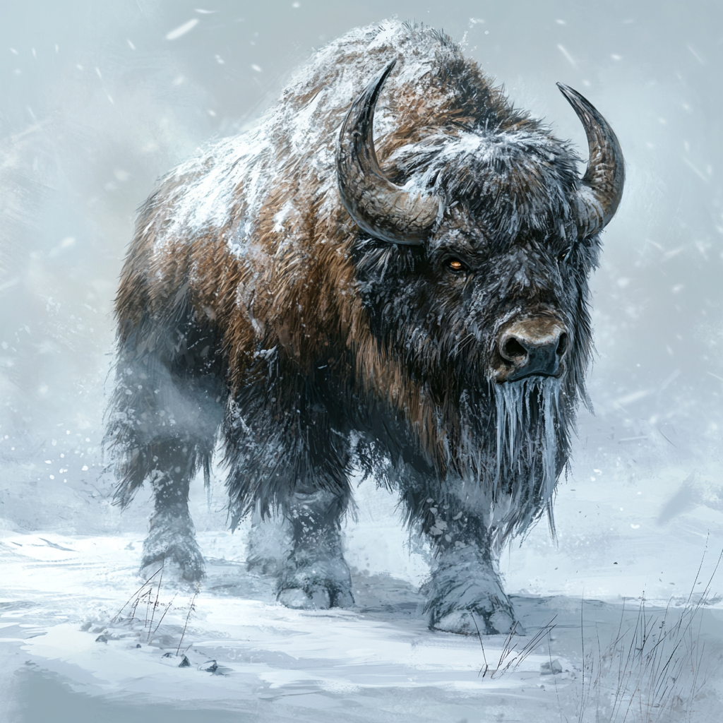 A Bison-Horse Beast with Muscular Frame and Icy Fur.