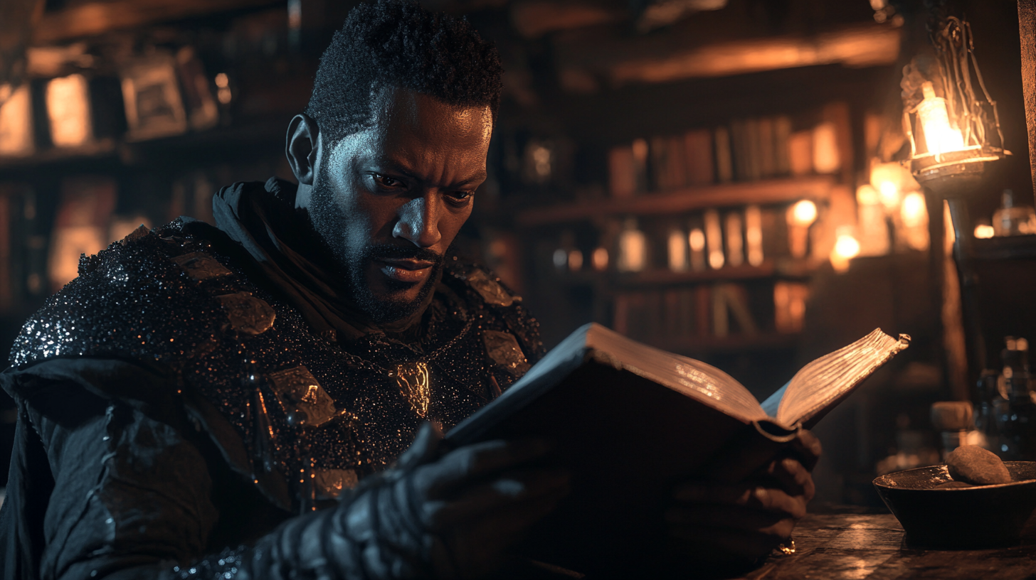 A Black Bard Reading Poetry in Dim Tavern