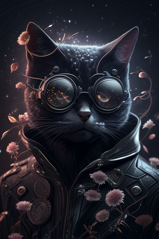 A Black Cat With Glasses, Moon and Flowers