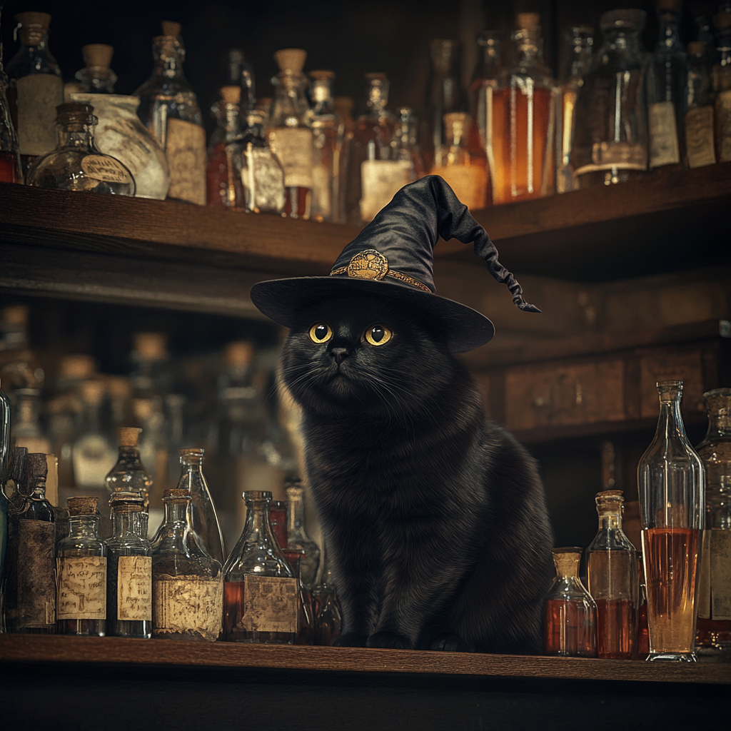 A Black Cat in a Witch's Hat sitting on Shelf full of Potions