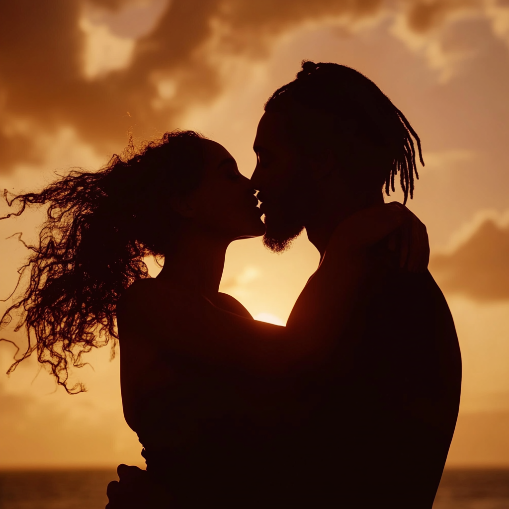 A Black Couple Kissing on Beautiful Sunset Beach