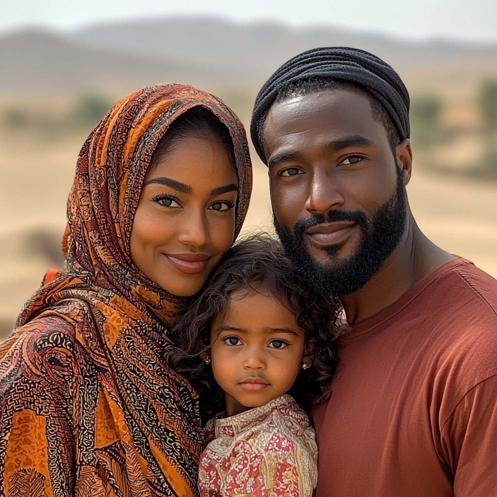 A Black Family in Dubai Desert Poses Happily