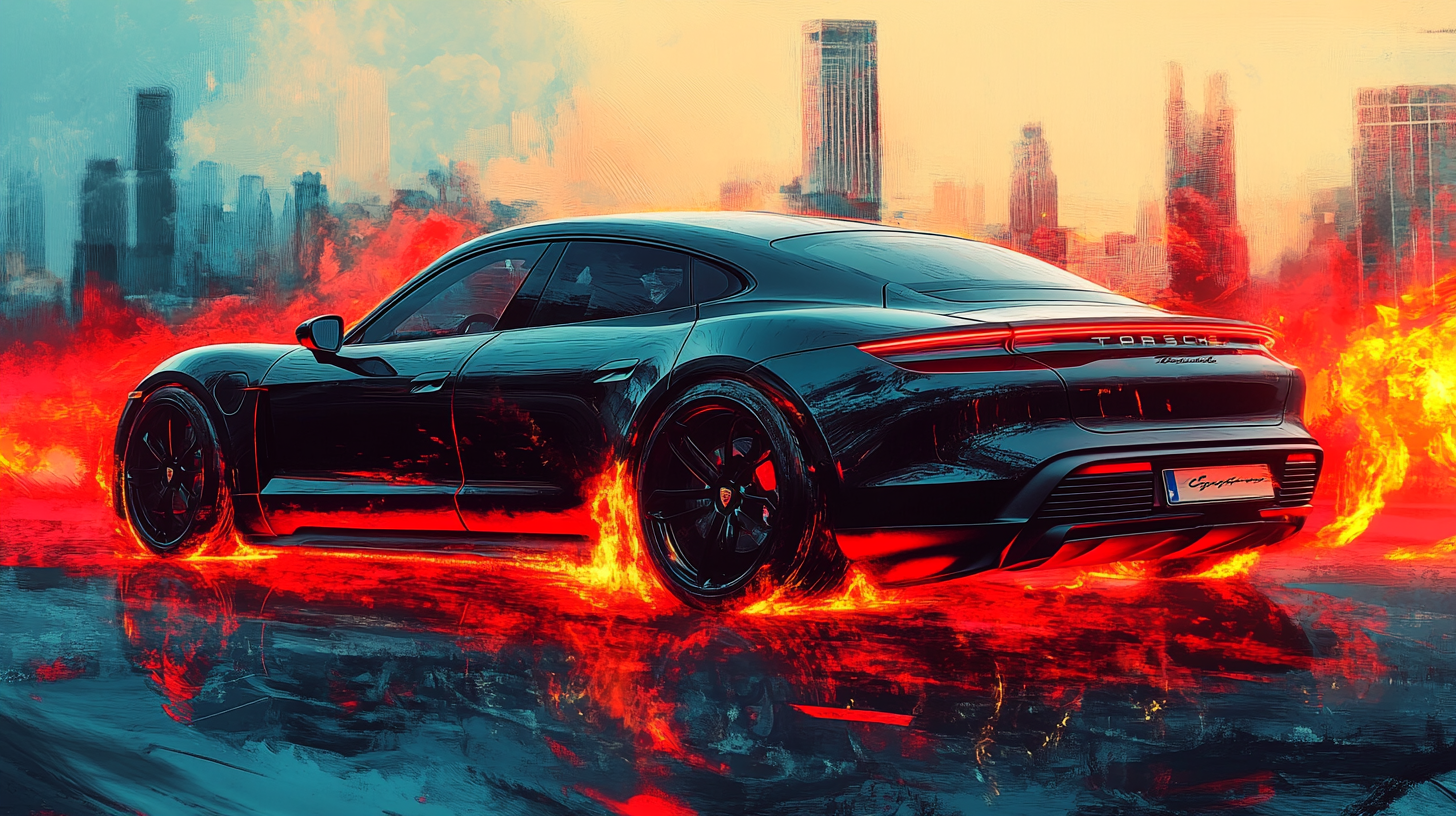 A Black Porsche Taycan in Digital Art Cityscape