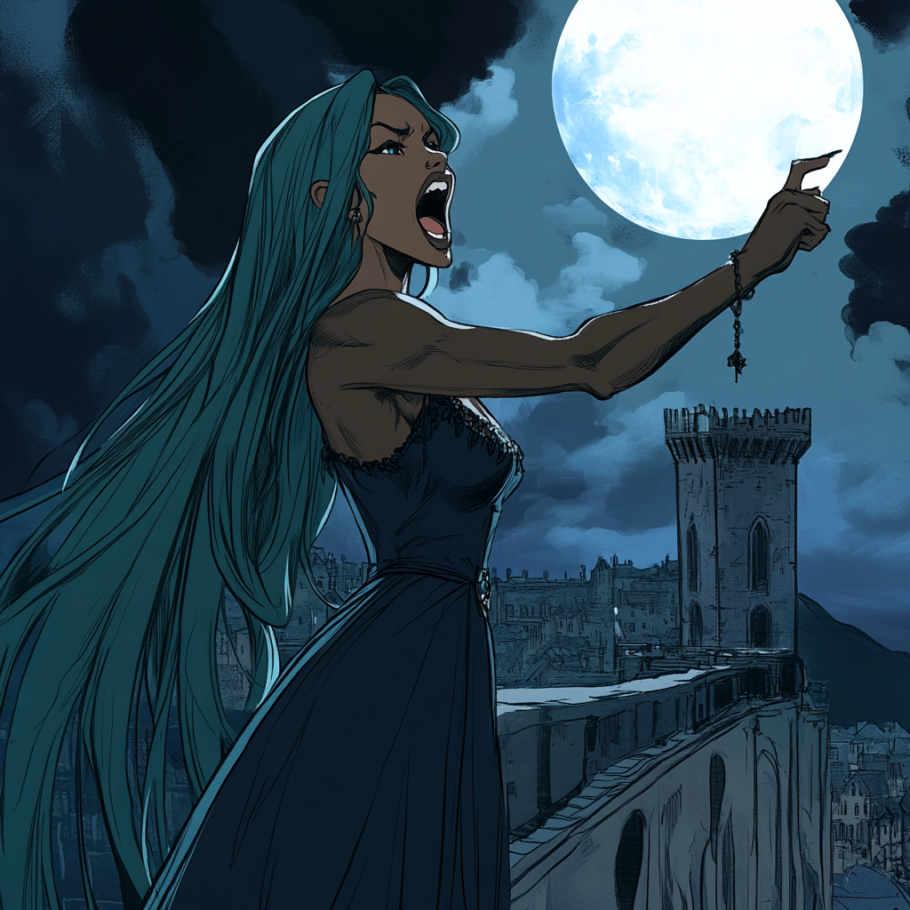 A Black Princess on Castle Balcony at Night