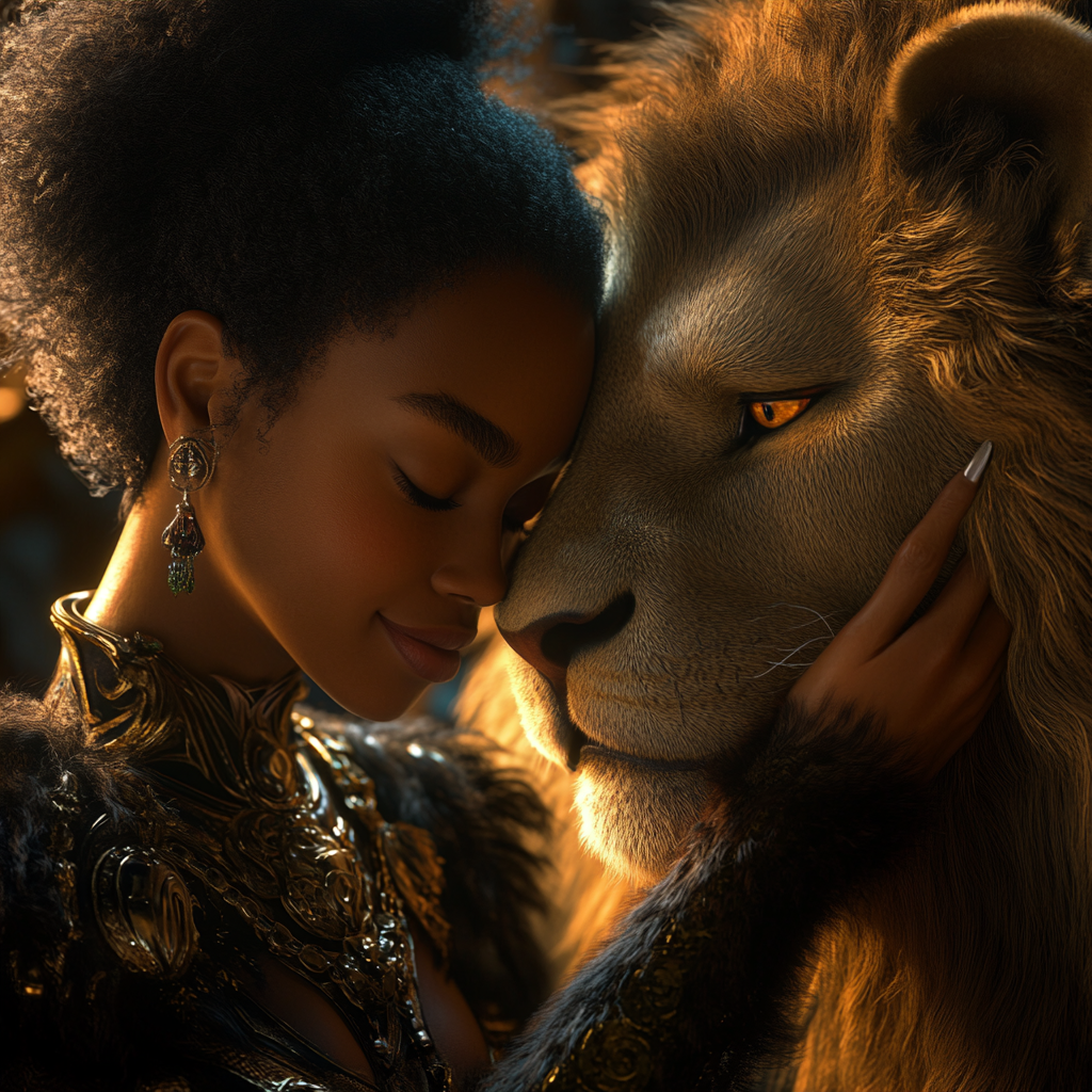 A Black Queen petting her Pet Lion in 8k.