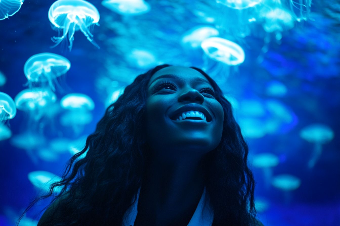 A Black Woman Surrounded by Jellyfish in Aquarium