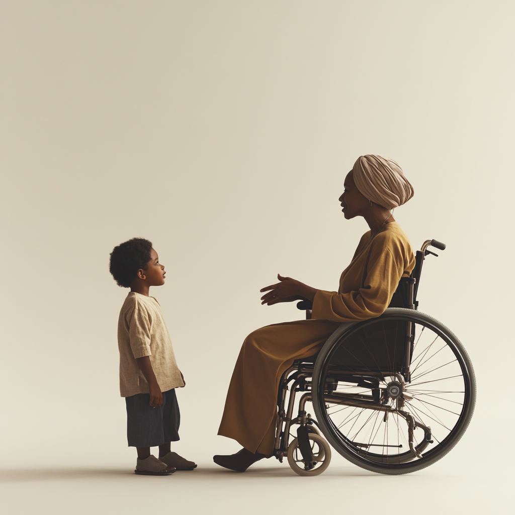 A Black Woman in Turban Talks to Child