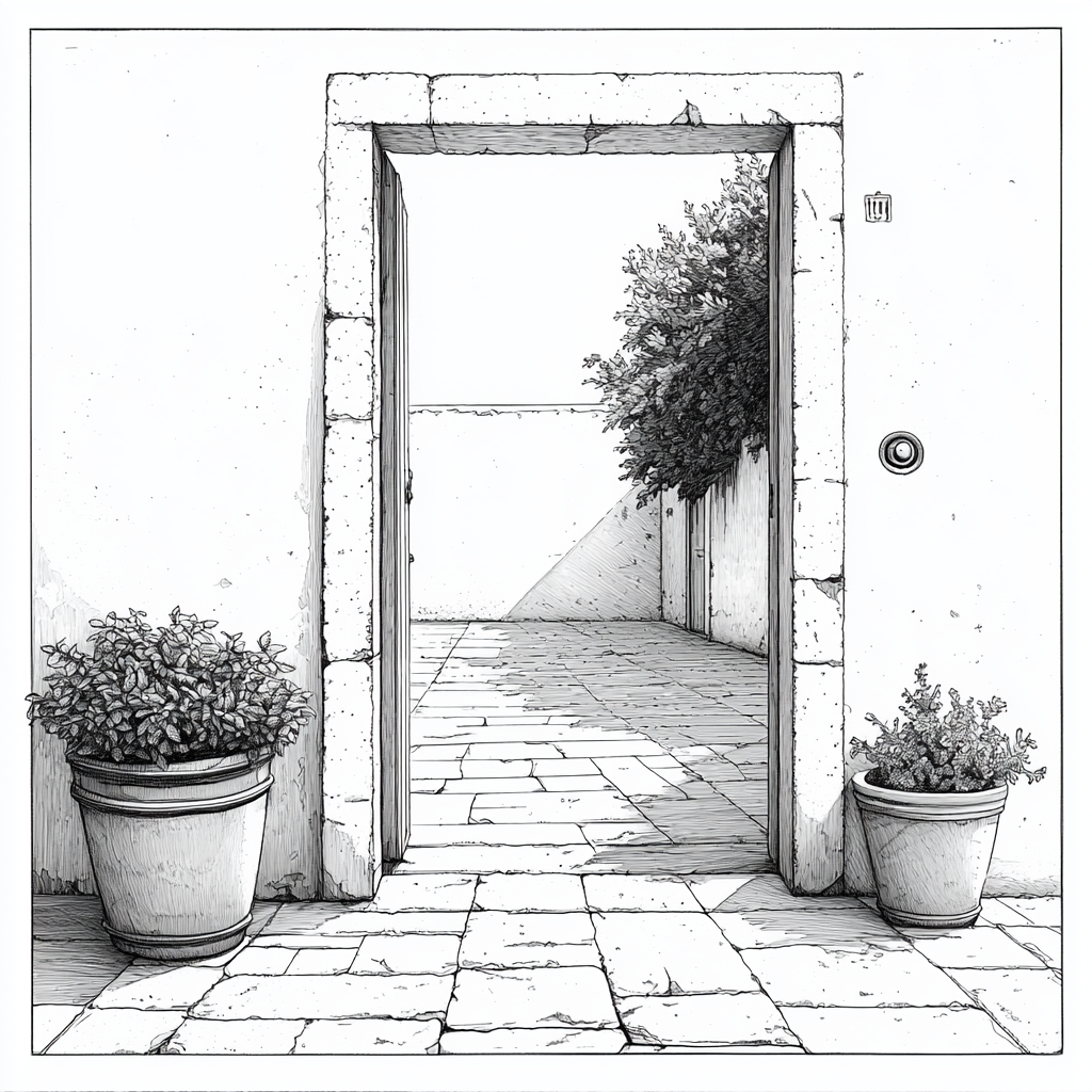 A Black and White Doorway to Empty Courtyard