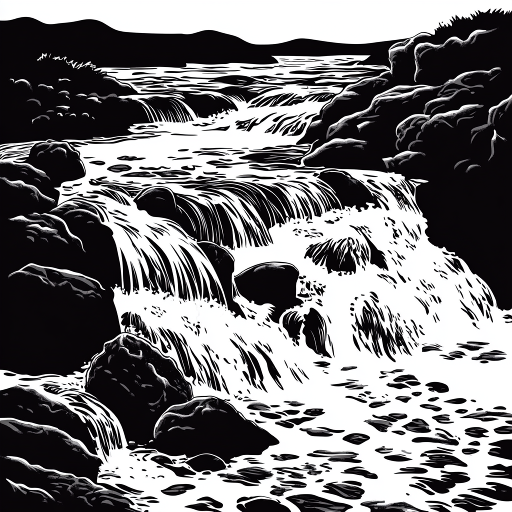 A Black and White River with Rocks