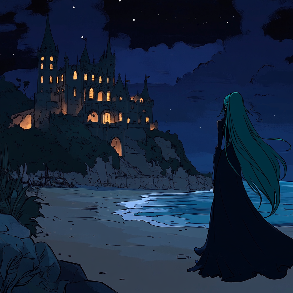 A Black woman with teal hair near castle