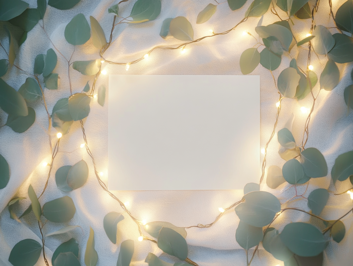 A Blank Postcard, Eucalyptus, and Lights Top View