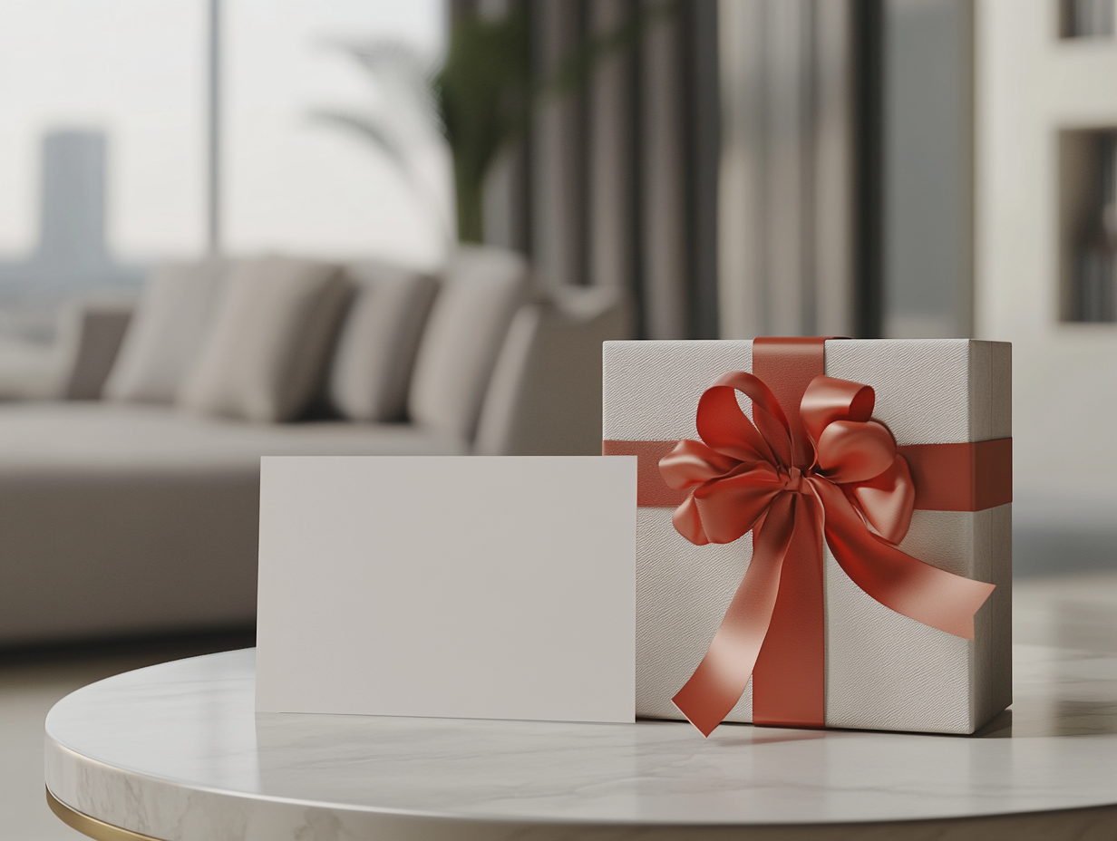 A Blank Postcard and Wrapped Gift on Table