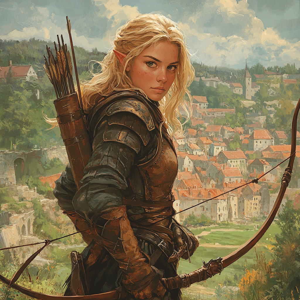 A Blond-Haired Woman in Armor and Bow