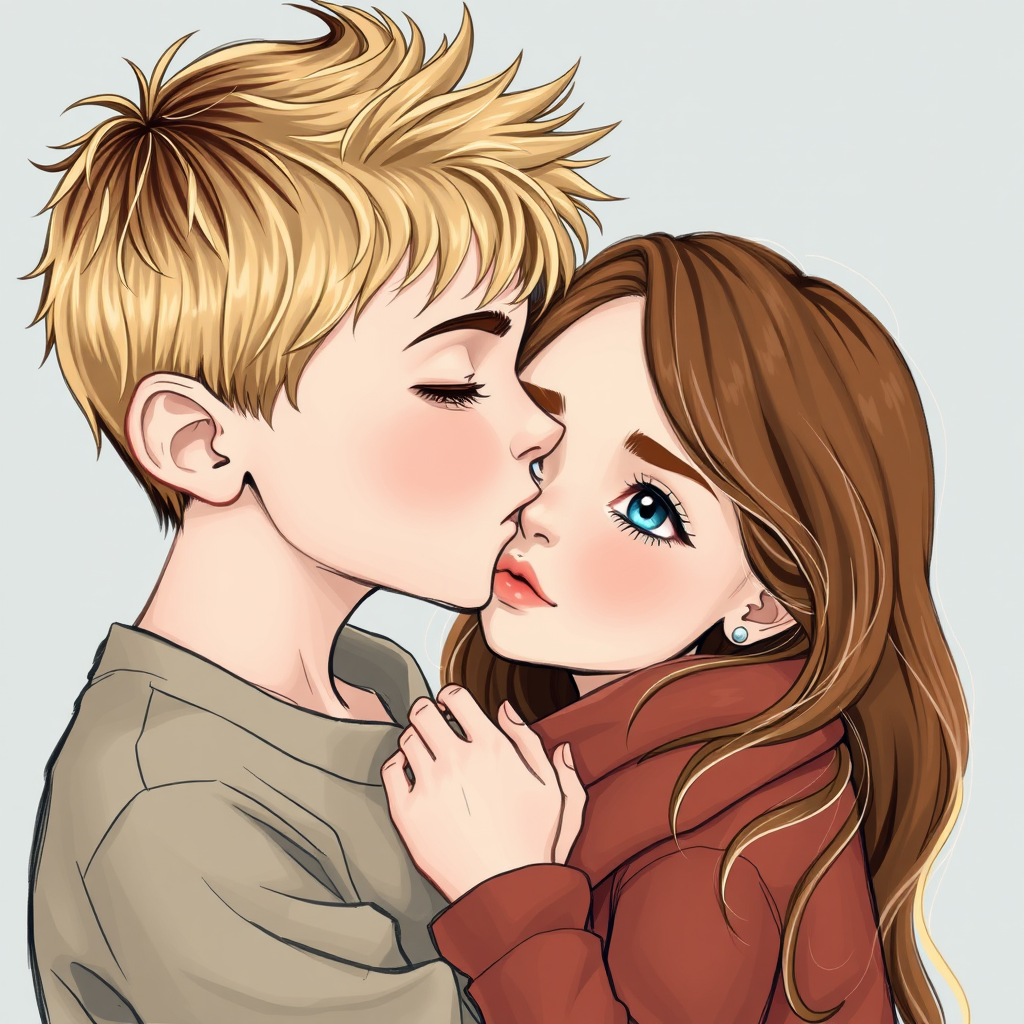 A Blonde Boy Kissing a Brown-Haired Girl