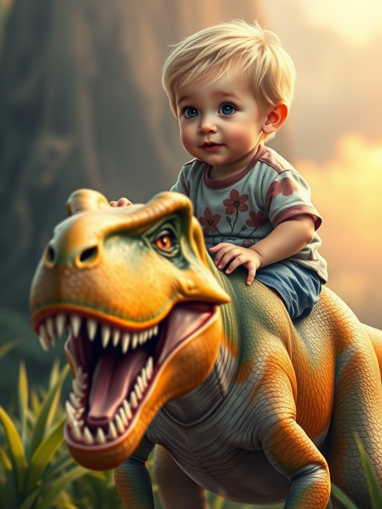 A Blonde Boy Riding a Vibrant T-Rex