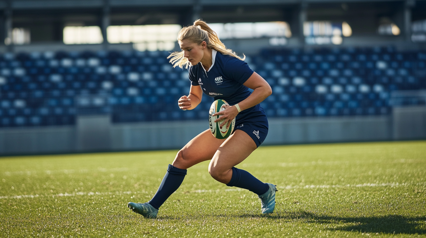 A Blonde Female Rugby Player Preparing for Tackle