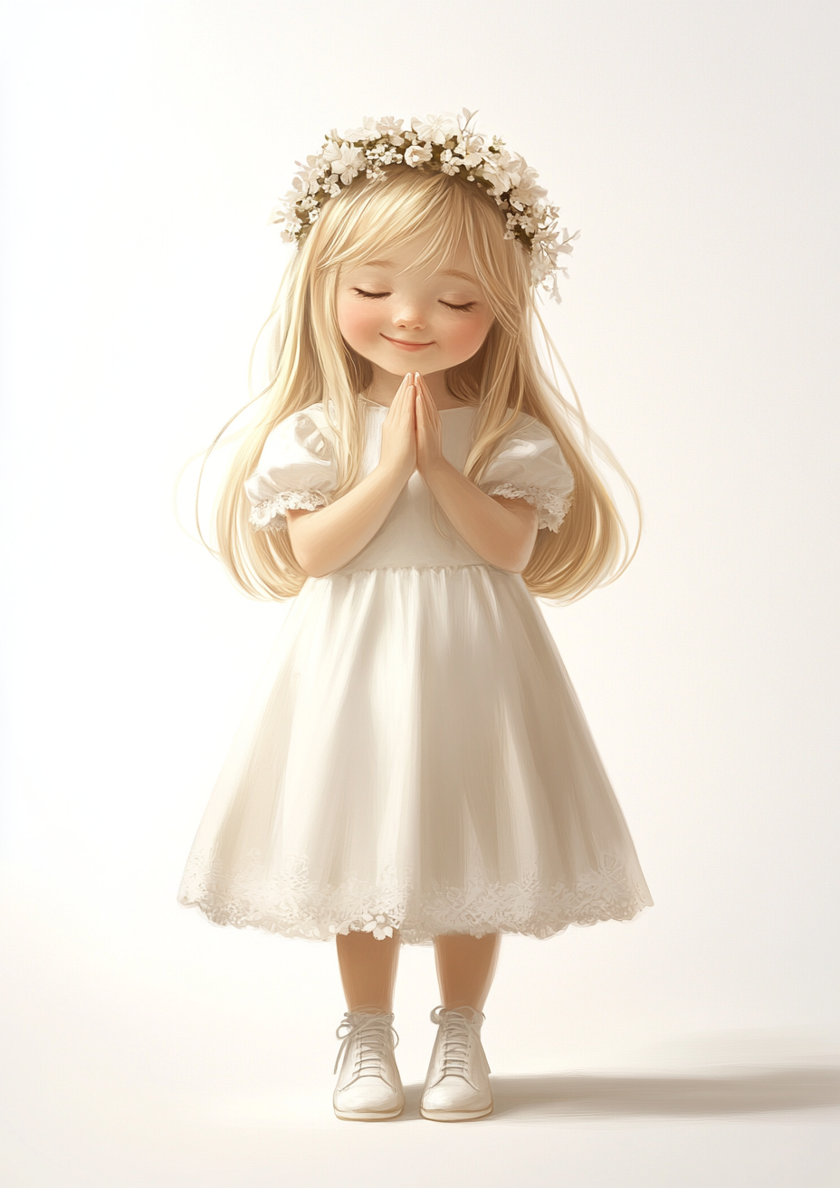 A Blonde Girl in Communion Dress Prayer Pose.