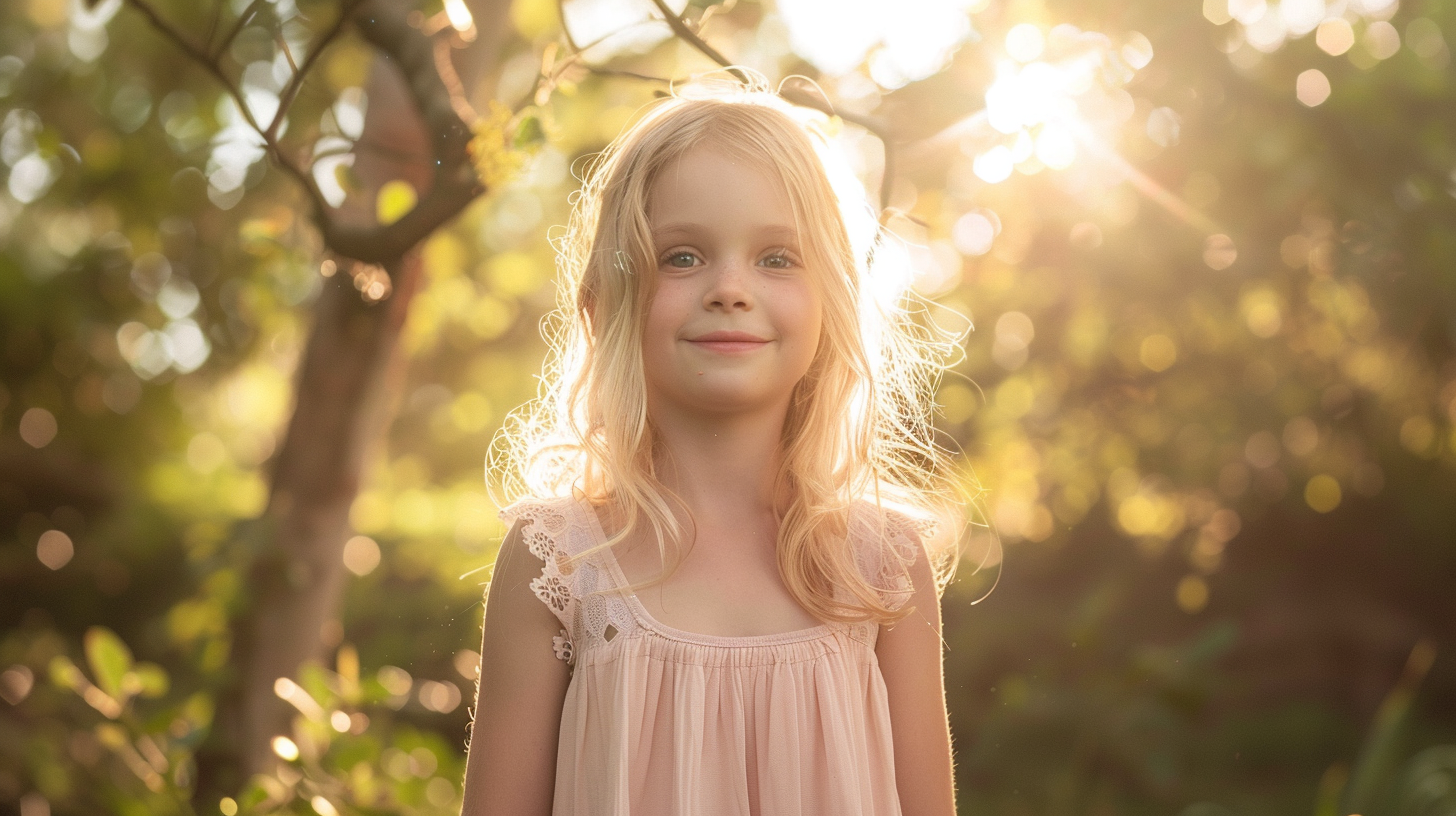 A Blonde Girl in a Pink Dress in Forest