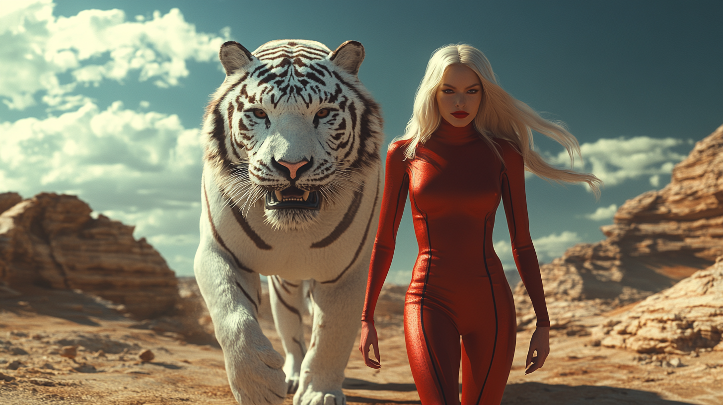 A Blonde Woman with Red Lips and Colossal Tiger