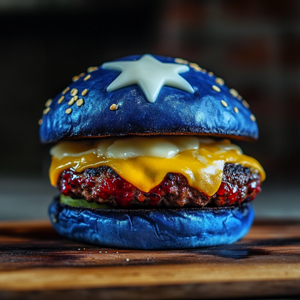 A Blue Cheeseburger with Star on Top Bun