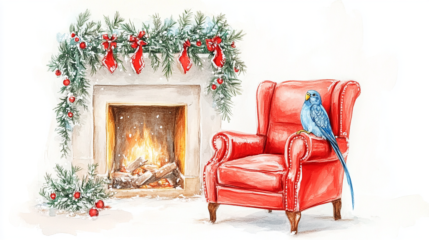 A Blue Cockatiel's Classic Christmas by Fireplace