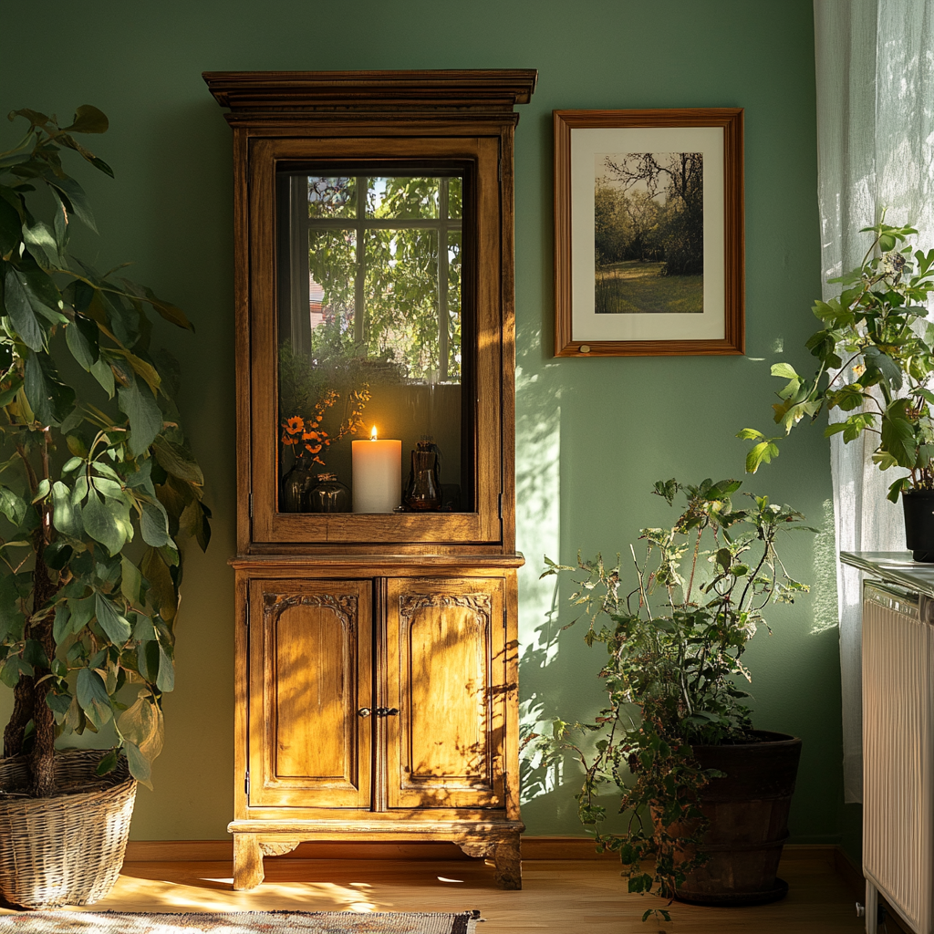 A Bohemian Wardrobe with Green Walls and Candle