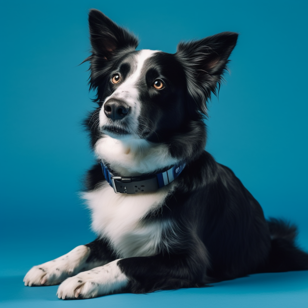 A Border Collie with GPS Collar on Blue Background