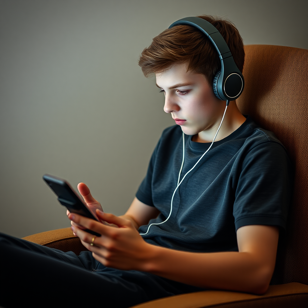 A Boy Sitting on Chair with Phone and Headphones.