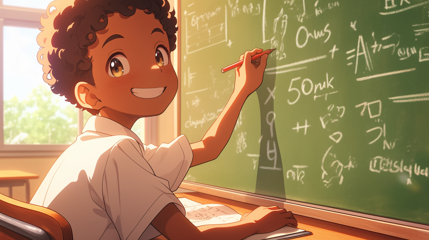 A Boy Smiling, Doing Math on Chalkboard