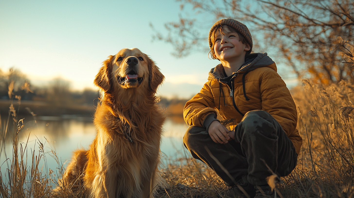 A Boy and His Dog Playing On Field