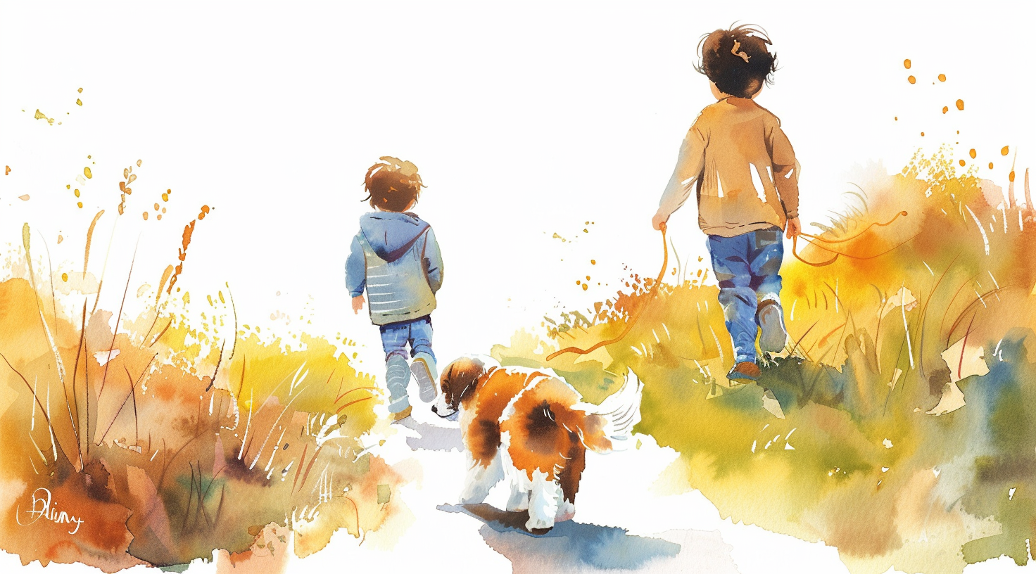 A Boy and Puppy Walking on Pathway