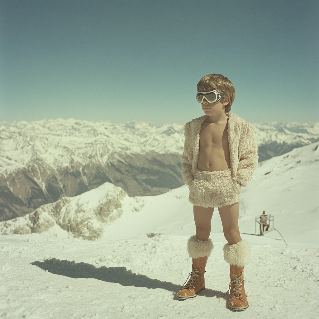 A Boy in Funny Outfit Standing on Snowy Mountain