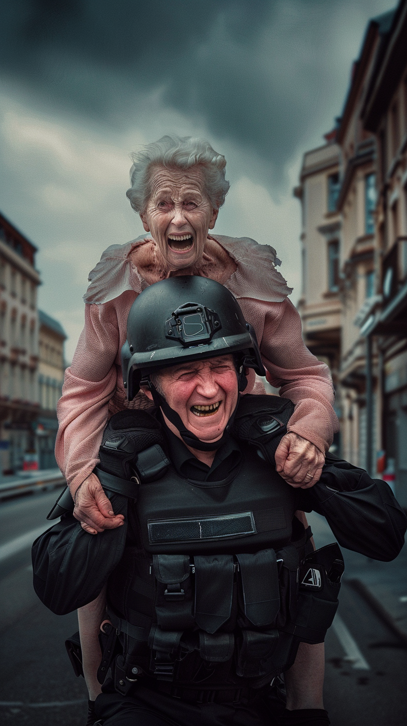 A Brave Officer Carrying Laughing Elderly Lady