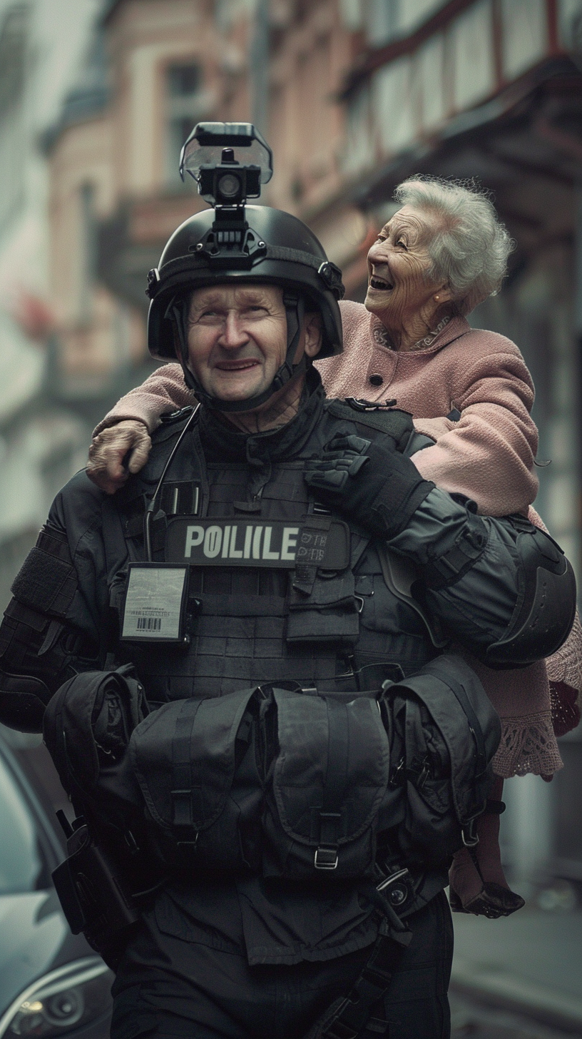 A Brave Police Officer Helping Happy Elderly Lady