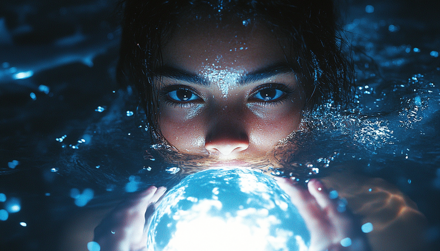 A Brazilian woman holding Earth in purple water