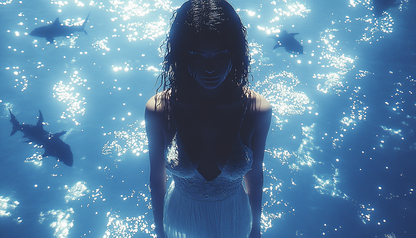 A Brazilian woman in purple dress surrounded by sharks