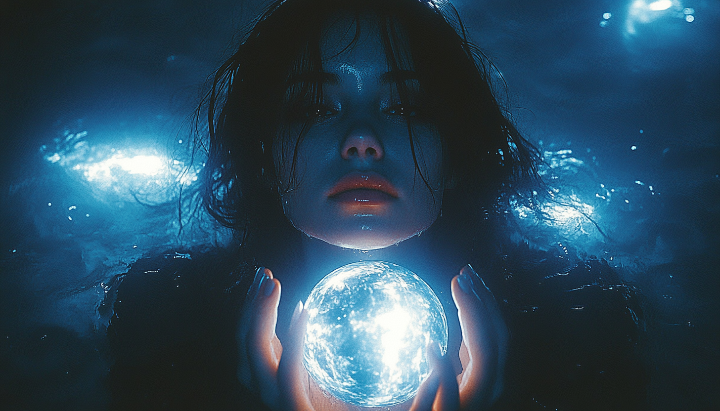 A Brazilian woman in water holding Earth, surrounded by sharks