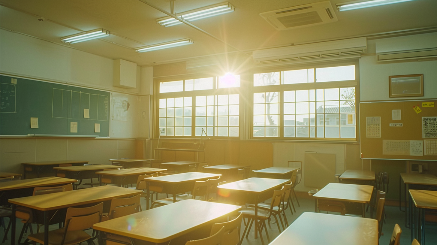 A Bright Japanese Classroom with Sunlight