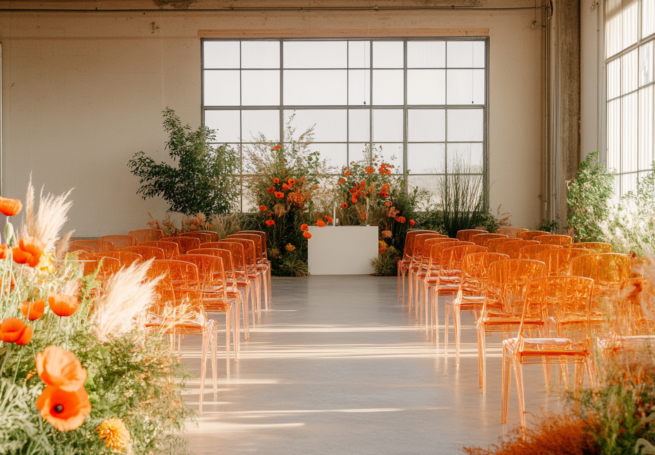 A Bright Wedding Ceremony Decor with Poppies and Grass