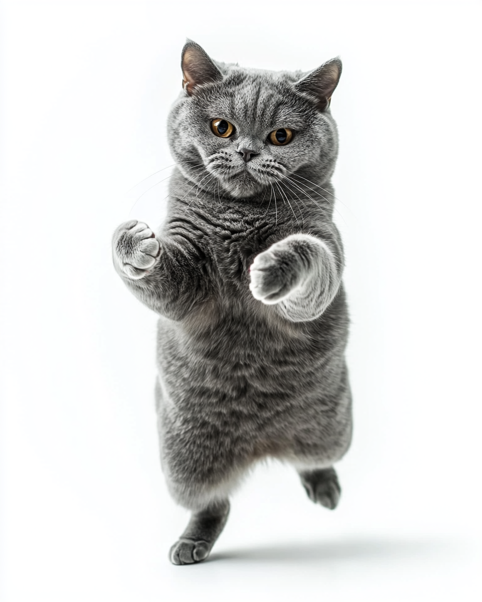 A British Shorthair cat dances gracefully on white.