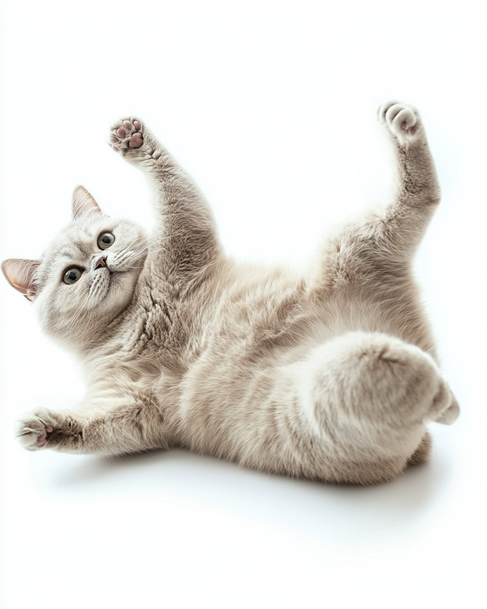 A British shorthair cat dancing happily in gymnastic pose.