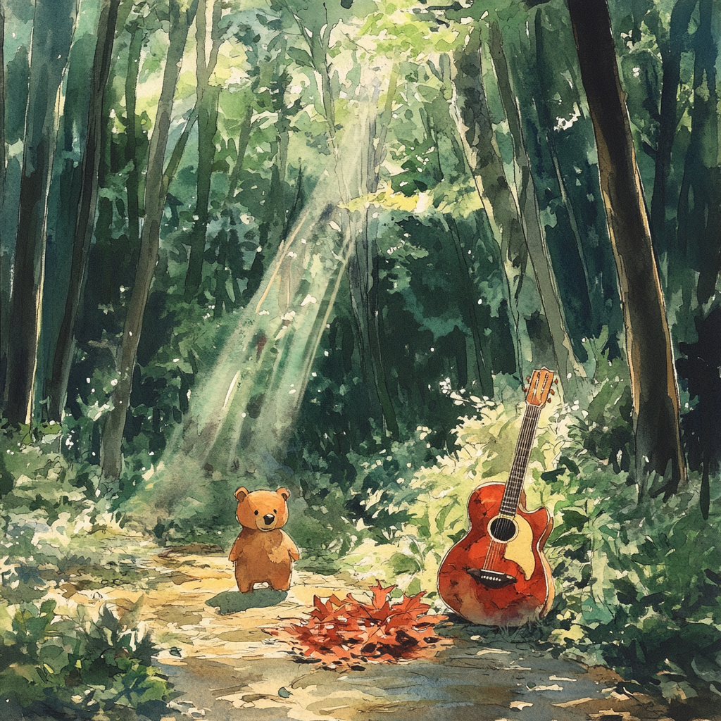 A Brown Bear Discovers Magical Red Guitar