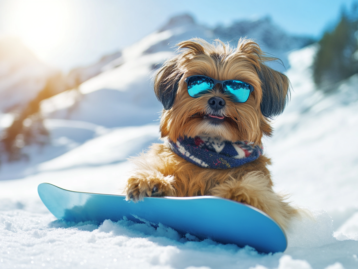 A Brown Pekinesen Snowboarding on Sunny Winter Day