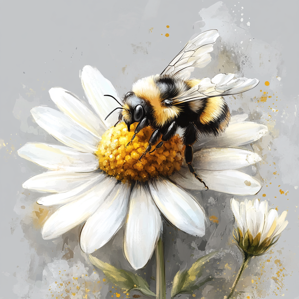 A Bumblebee on a Daisy in Watercolor