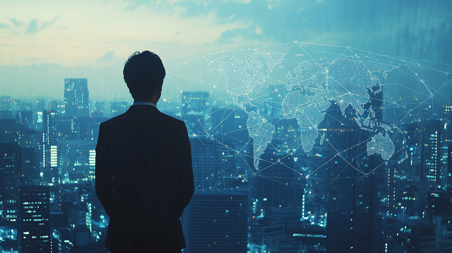 A Business Executive overlooking City Skyline with Map